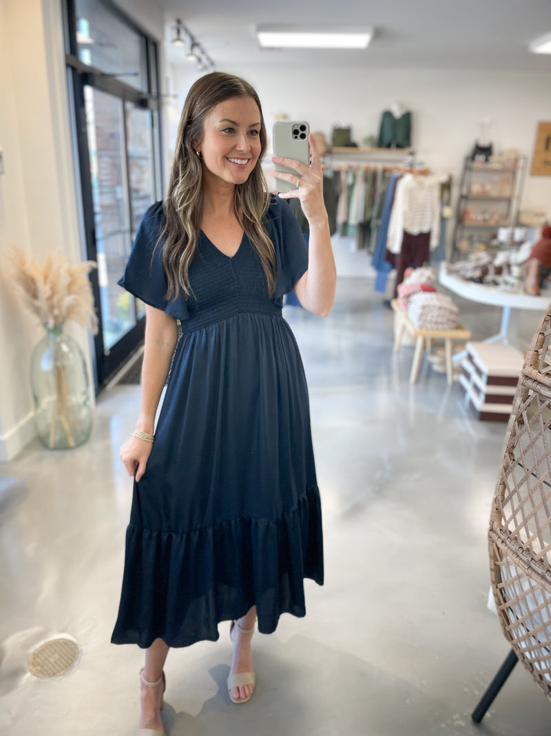 Milan Satin Dress in Navy – Red Jacket Boutique