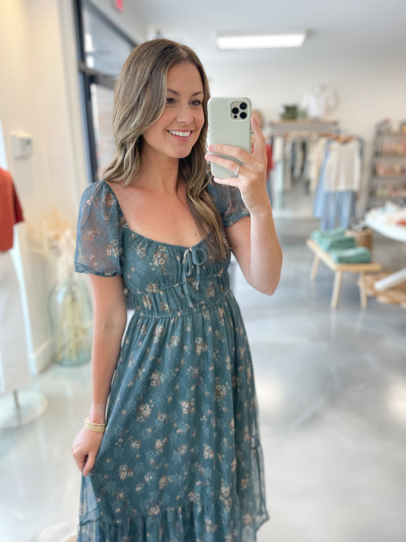 Andrea Floral Dress in Dusty Teal
