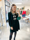 Frosted Bow Velvet Dress in Emerald