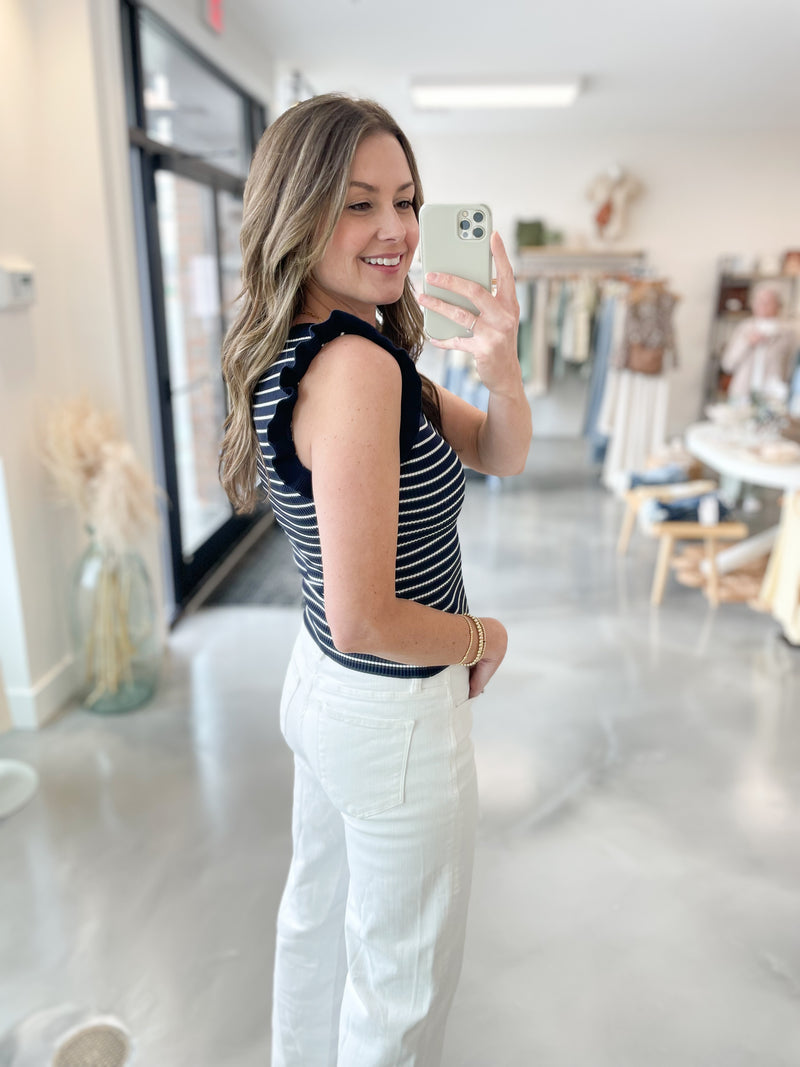 Ruffle Trim Tank in Navy