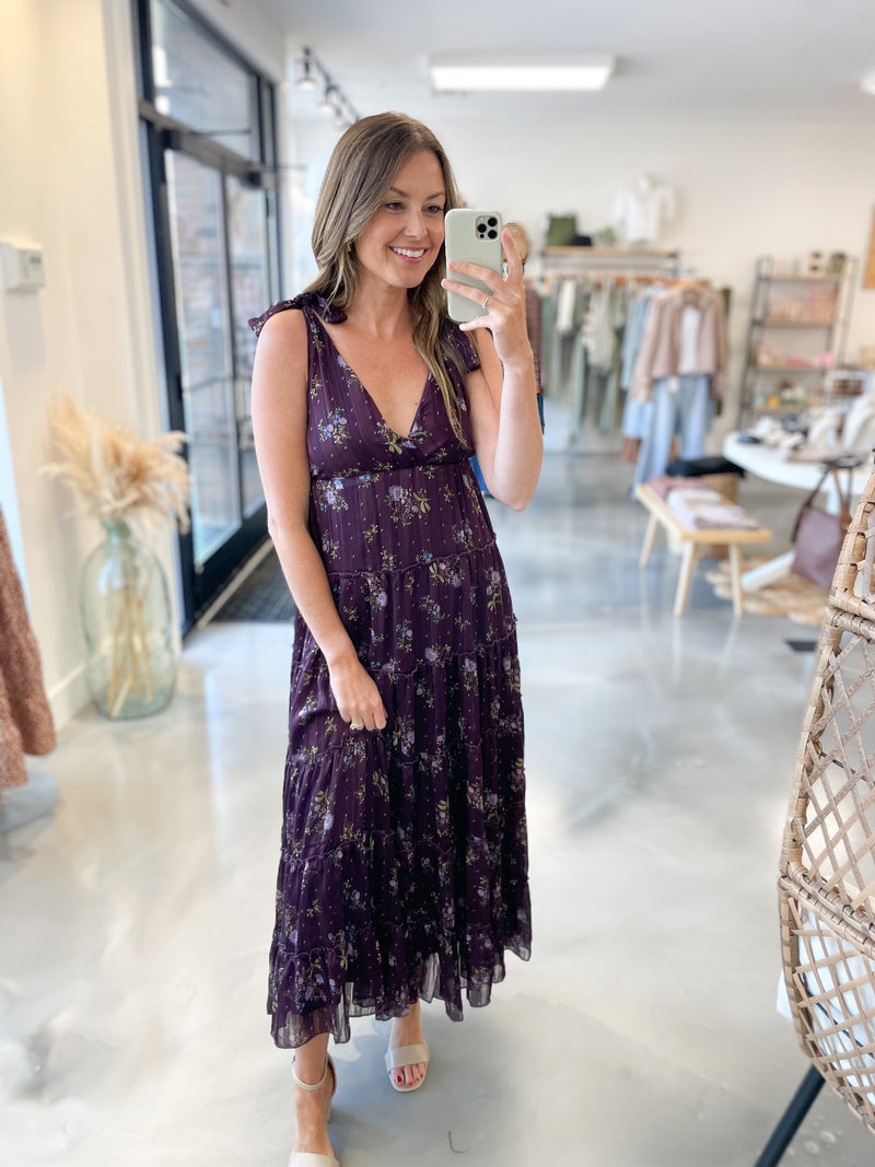 Plum Floral V Neck Dress