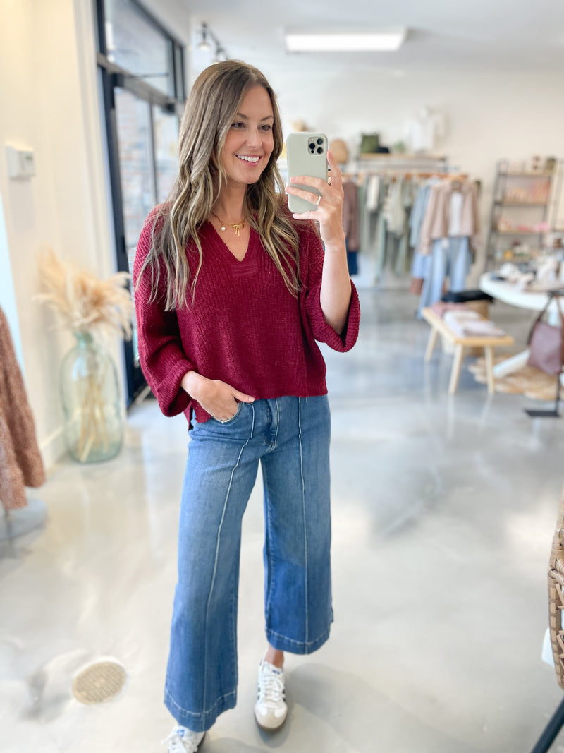 River Split Neck Sweater in Wine