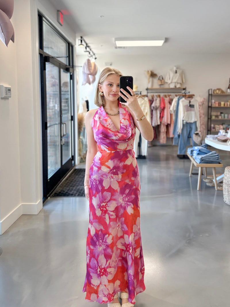 pink satin halter dress Rinna Maxi / Cherry | MESHKI Paradise Pink Satin Halter Dress