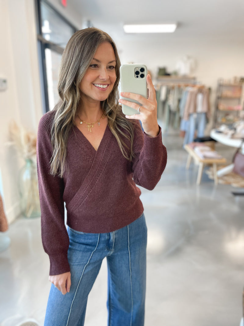 Harlow Wrap Sweater in Wine
