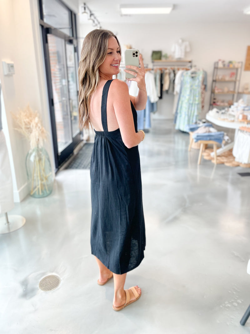 Open Back Linen Dress in Black Medium