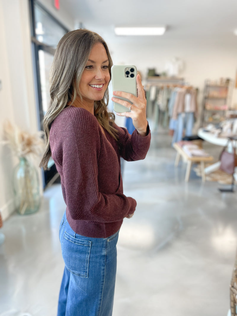 Harlow Wrap Sweater in Wine