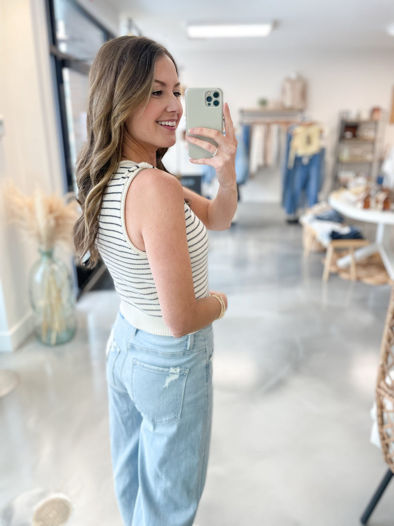 Striped Button Front Tank Black/White