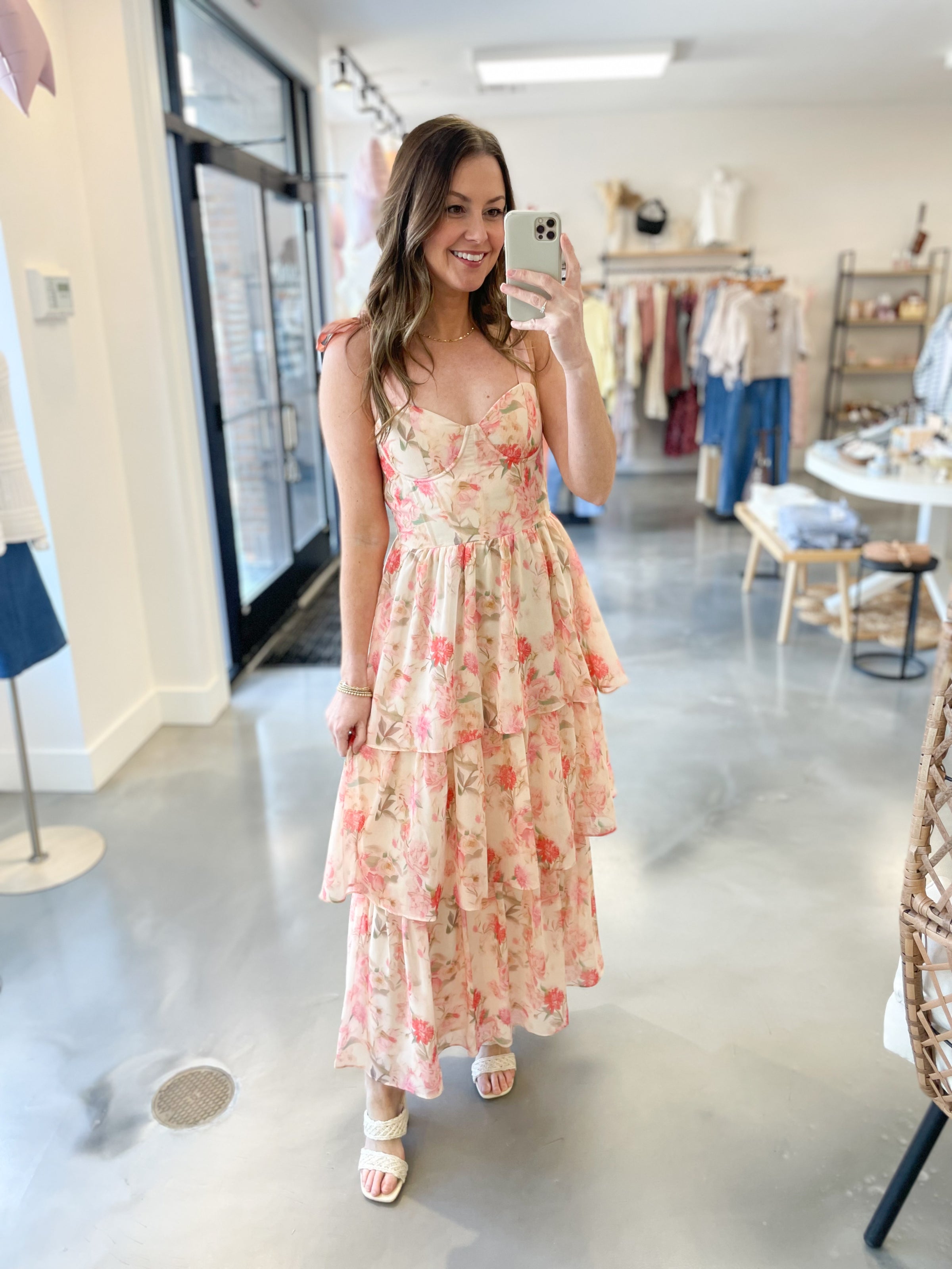 pastel corset dress Light Pink Midi Sparkly Lisposa this peach floral dress is made for sunny days and special moments Whimsical Corset Dress | Pink
