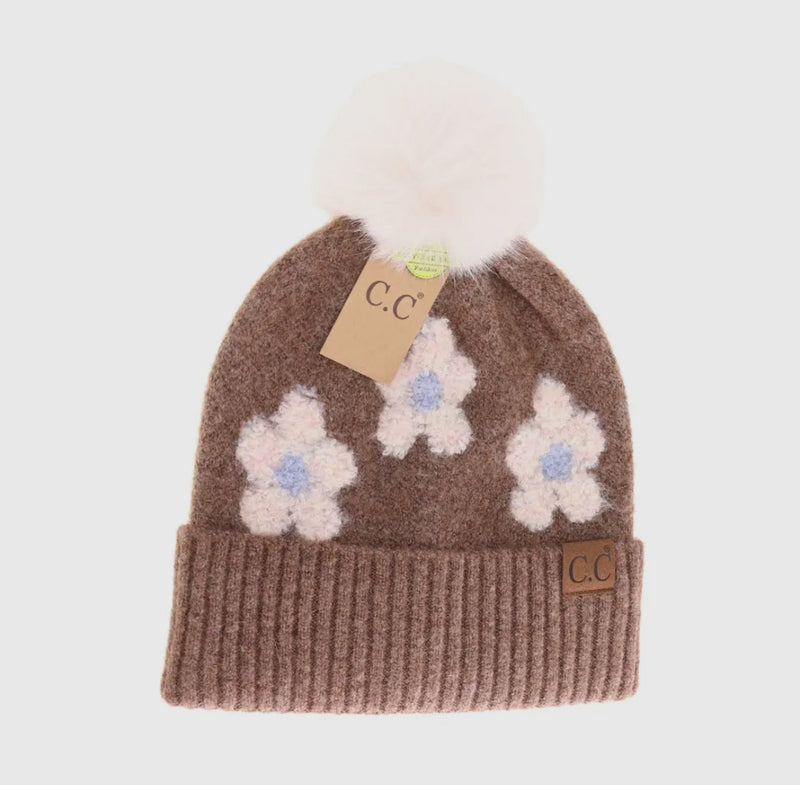 C.C. Daisy Faux Fur Pom Beanie Brown