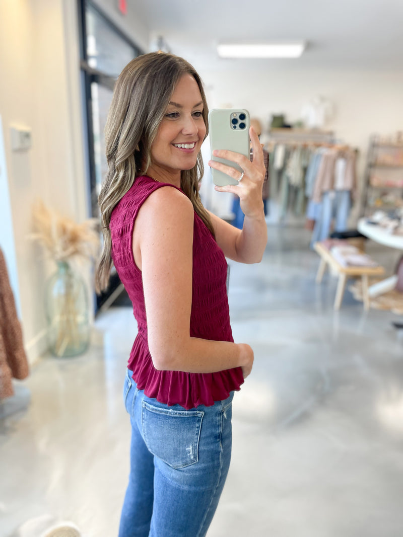 Burgundy Smocked Butter Tank