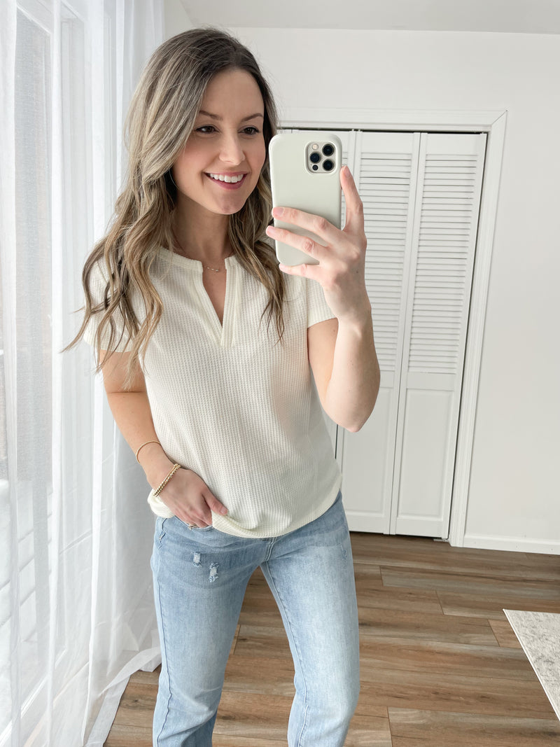 Notch Neck Waffle Tee in Vanilla