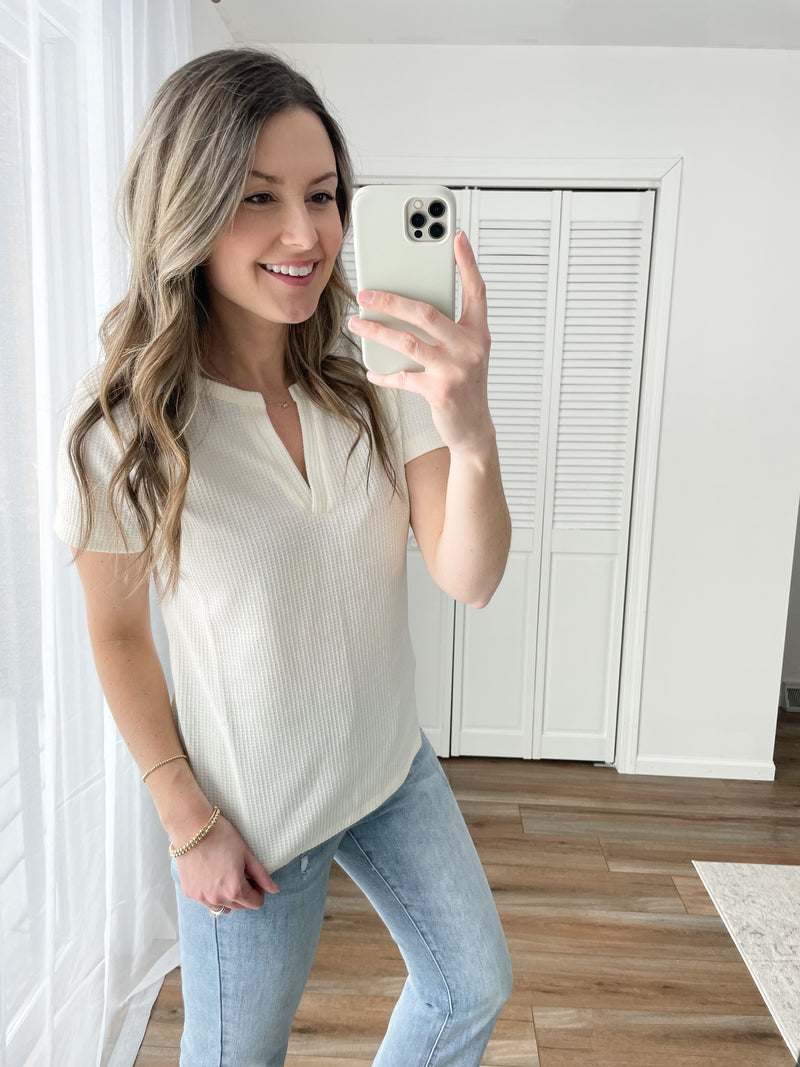 Notch Neck Waffle Tee in Vanilla